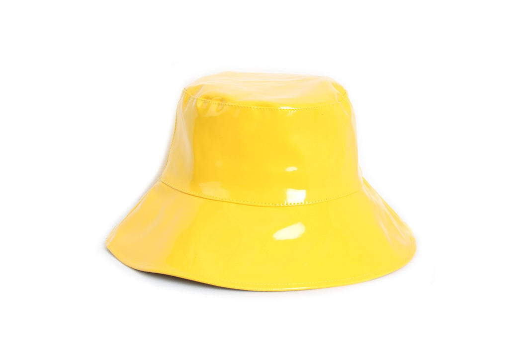 Ladies Shiny Faux Leather Sailors Bucket Hat: Yellow