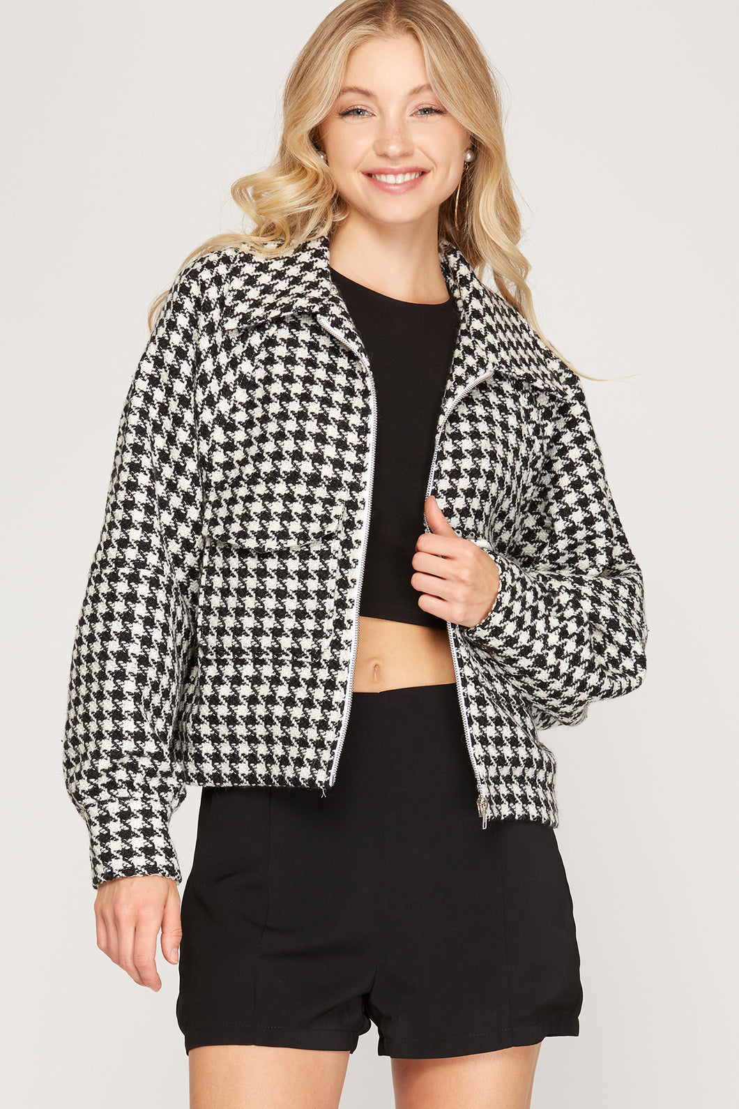 HERRINGBONE TWEED ZIPPED JACKET