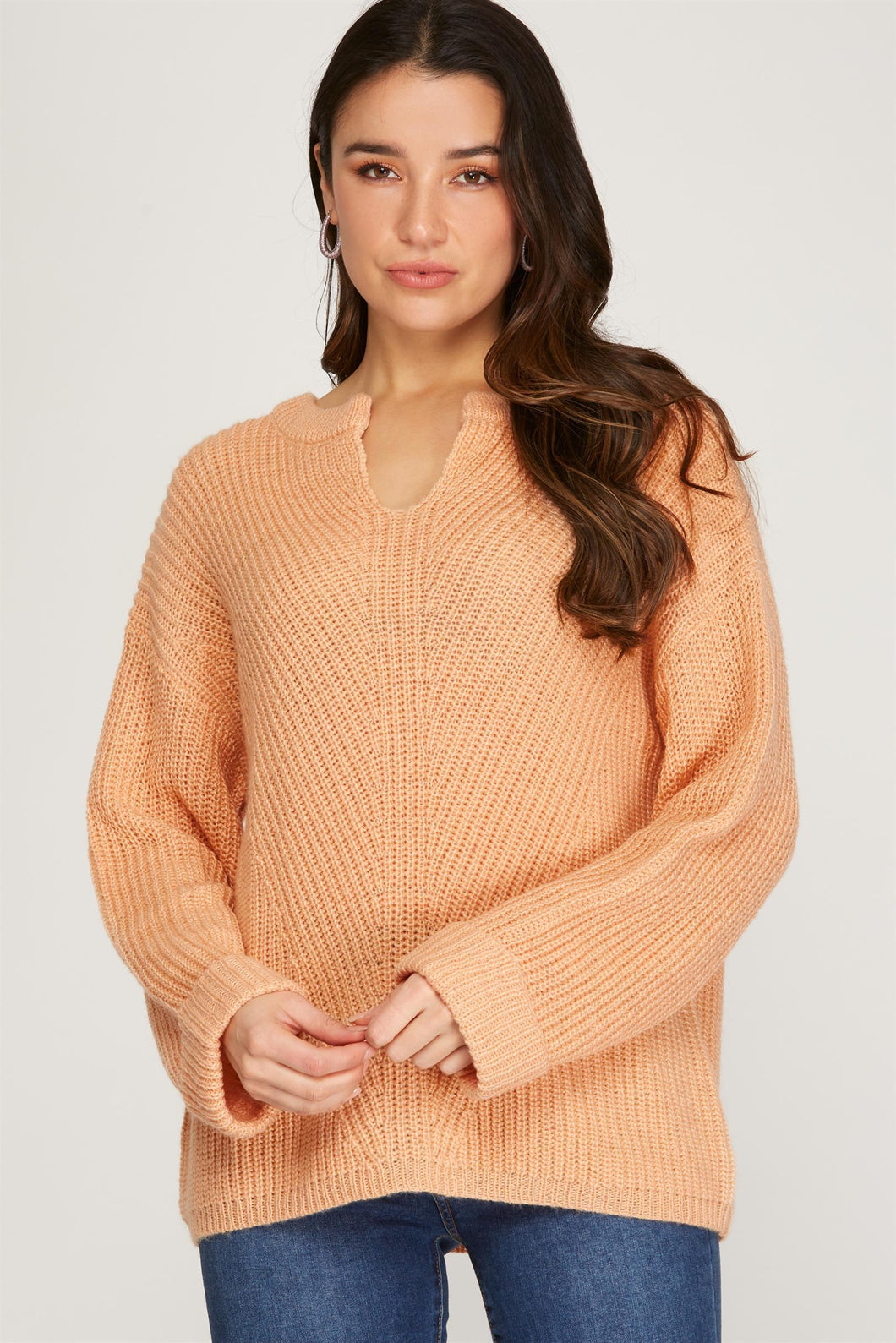 LONG SLEEVE V NECK SLIT KNIT SWEATER TOP