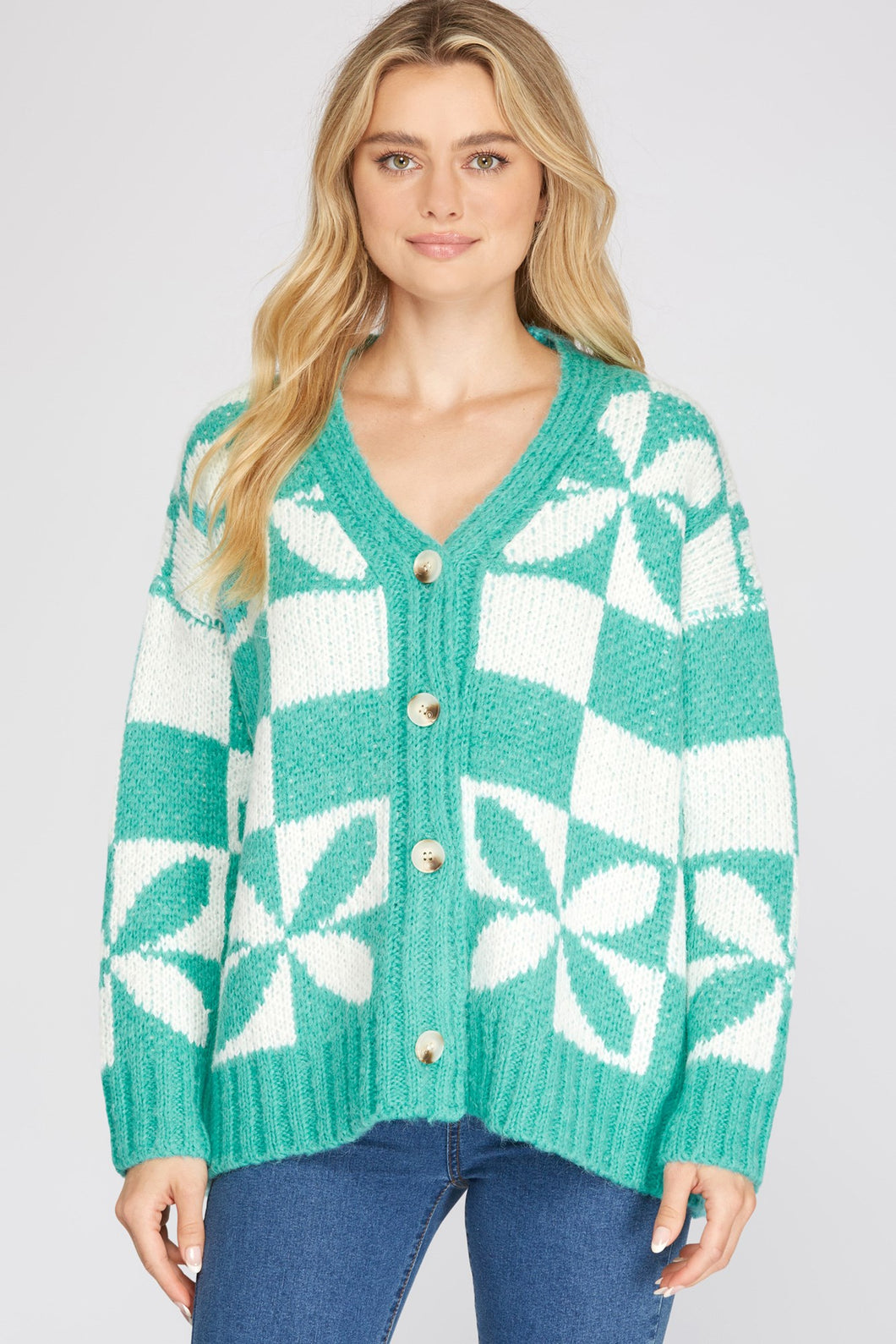 LONG SLEEVE TWO TONE PATTERN SWEATER CARDIGAN