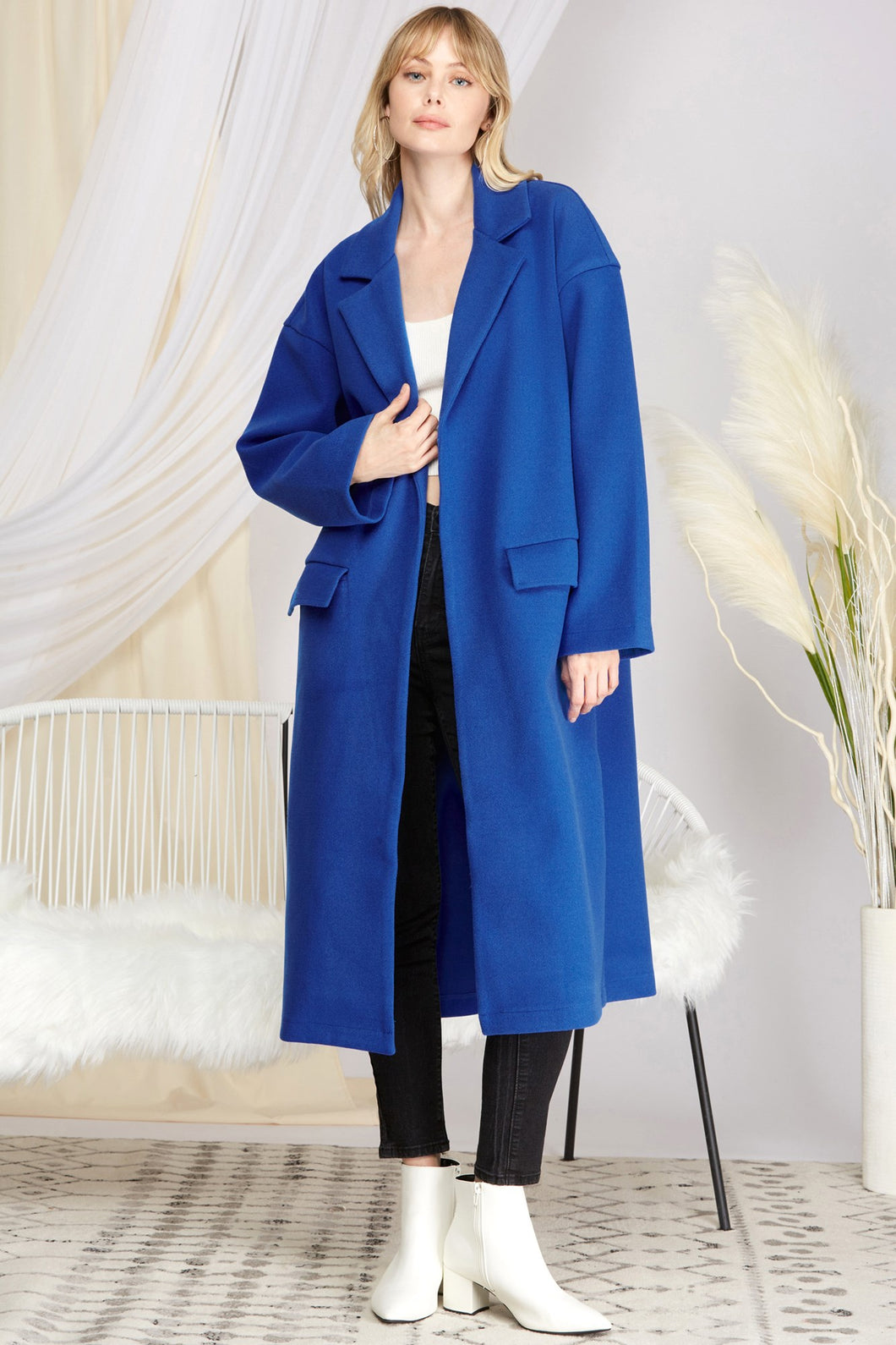LONG SLEEVE DROP SHOULDER OVERSIZED OPEN FRONT MIDI COAT