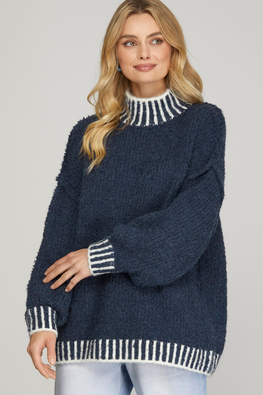 LONG SLEEVE MOCK NECK STITCHED CONTRAST SWEATER TOP