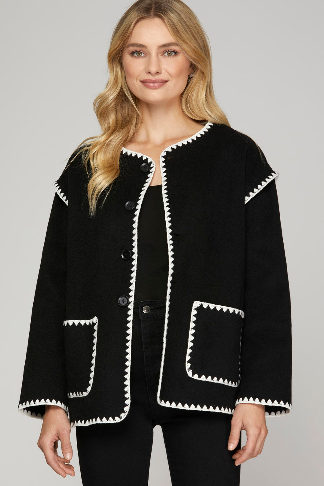 LONG SLEEVE CONTRAST BLANKET STITCH WOOL LOOK JACKET WITH POCKET