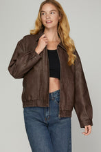 Load image into Gallery viewer, LONG SLEEVE WASHED FAUX LEATHER ZIP JACKET WITH SIDE POCKET
