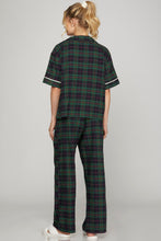 Load image into Gallery viewer, WOVEN PLAID SHORT SLEEVE TOP AND LONG PANTS PAJAMA SET WITH PIPING CONTRAST DETAIL
