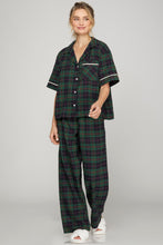 Load image into Gallery viewer, WOVEN PLAID SHORT SLEEVE TOP AND LONG PANTS PAJAMA SET WITH PIPING CONTRAST DETAIL
