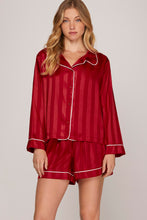 Load image into Gallery viewer, SATIN STRIPED LONG SLEEVE TOP AND SHORTS PAJAMA SET WITH PIPING DETAIL
