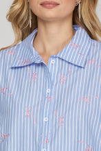 Load image into Gallery viewer, LONG SLEEVE WOVEN STRIPED BUTTON DOWN SHIRT TOP WITH BOW EMBROIDERY
