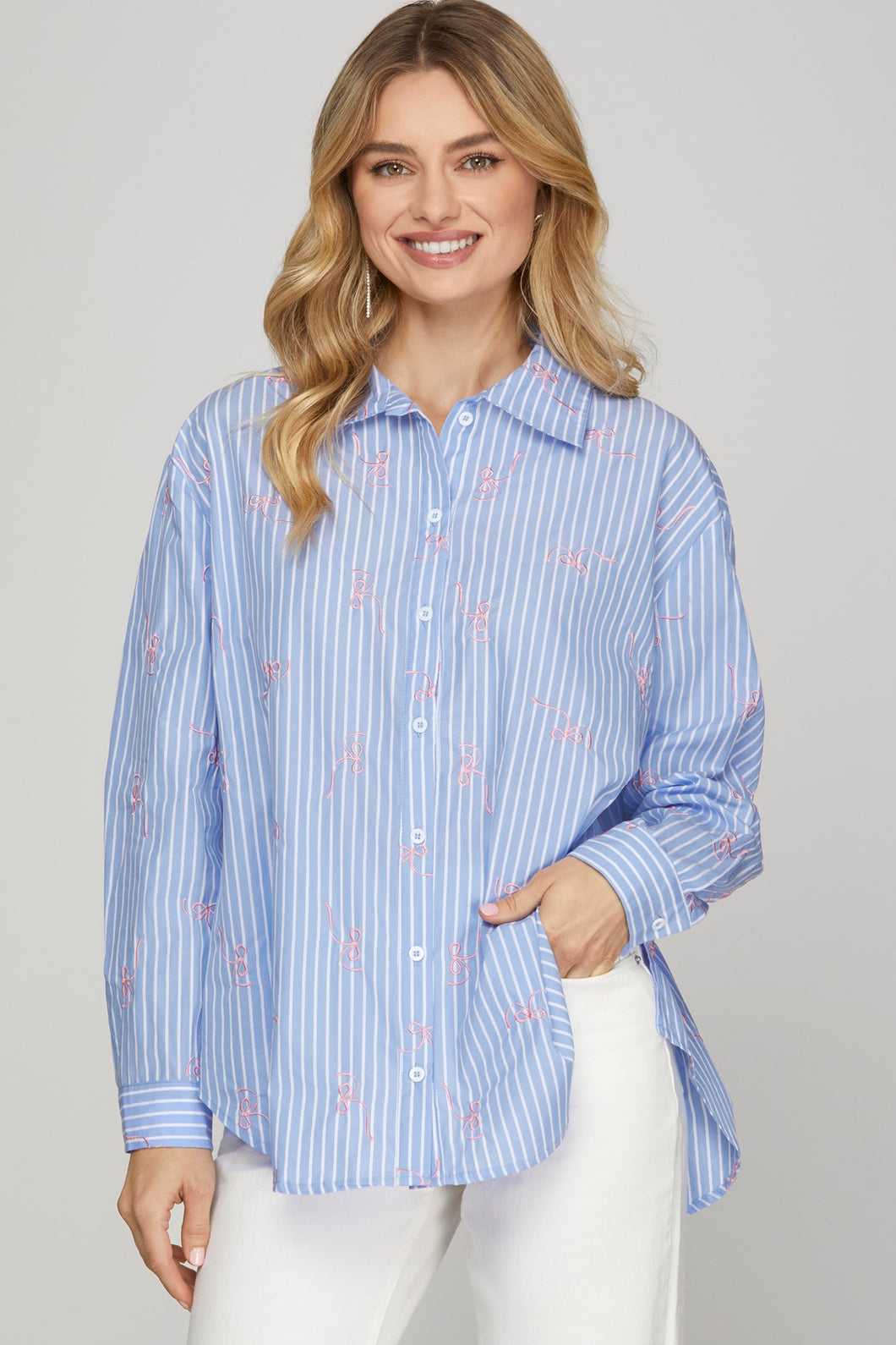 LONG SLEEVE WOVEN STRIPED BUTTON DOWN SHIRT TOP WITH BOW EMBROIDERY