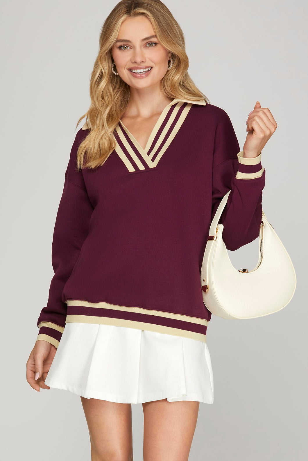 LONG SLEEVE V NECK KNIT PULL OVER TOP WITH CONTRAST RIB BAND