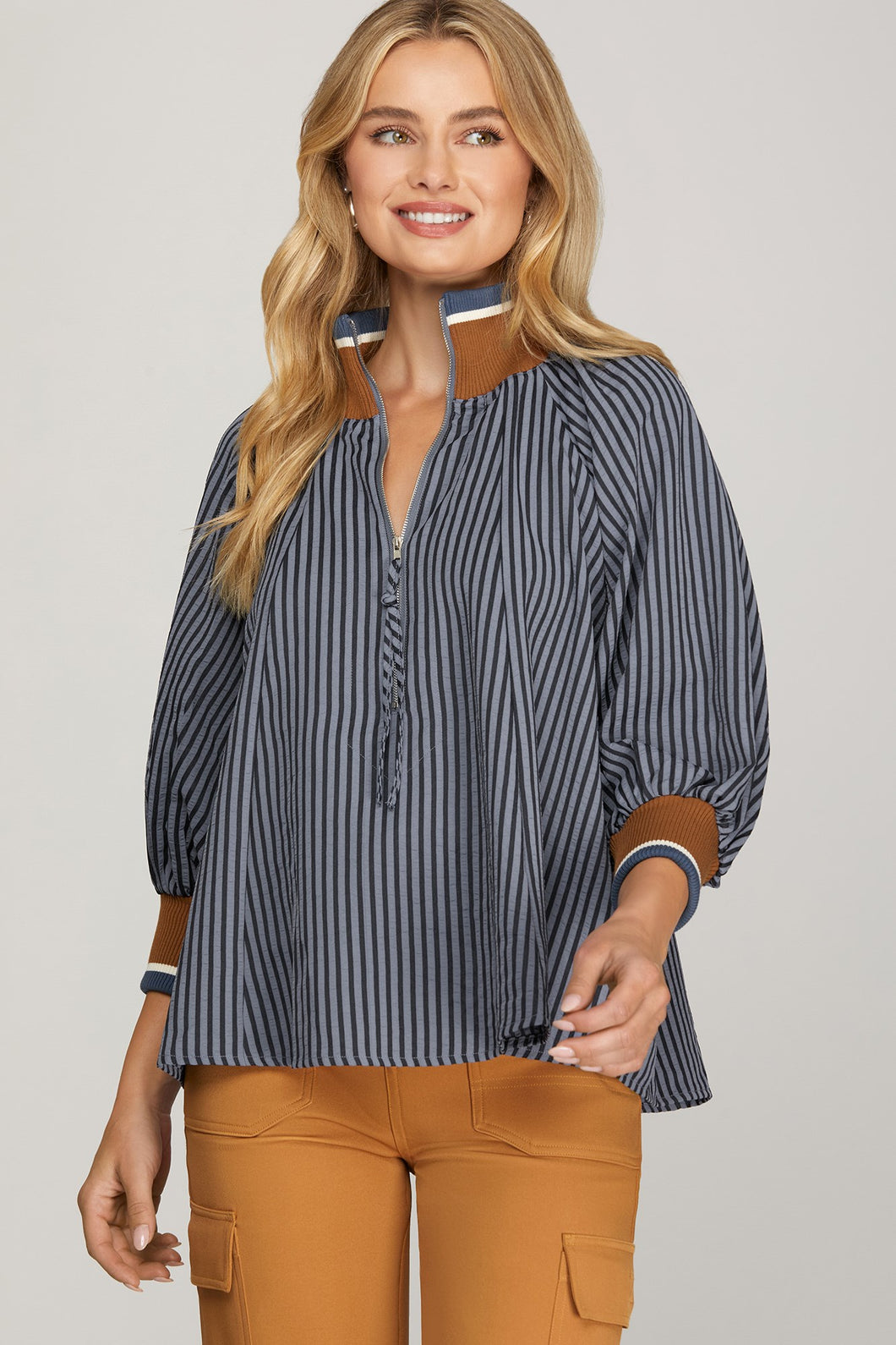 3/4 SLEEVE HALF ZIP STRIPED TOP