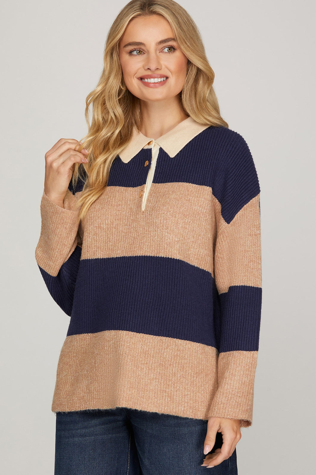 LONG SLEEVE CONTRAST COLLAR COLOR BLOCK SWEATER TOP