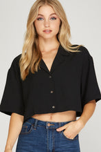 Load image into Gallery viewer, Short Sleeve Woven Button Down Crop Top
