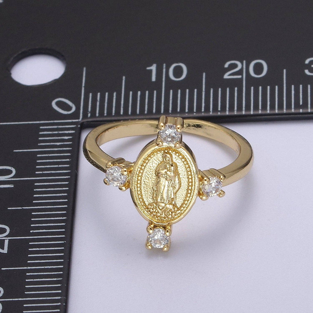 24K Gold Filled Oval Lady Guadalupe Ring, Crystal Zirconia CZ Adjustable Stacking Ring, Gift For Her | U469