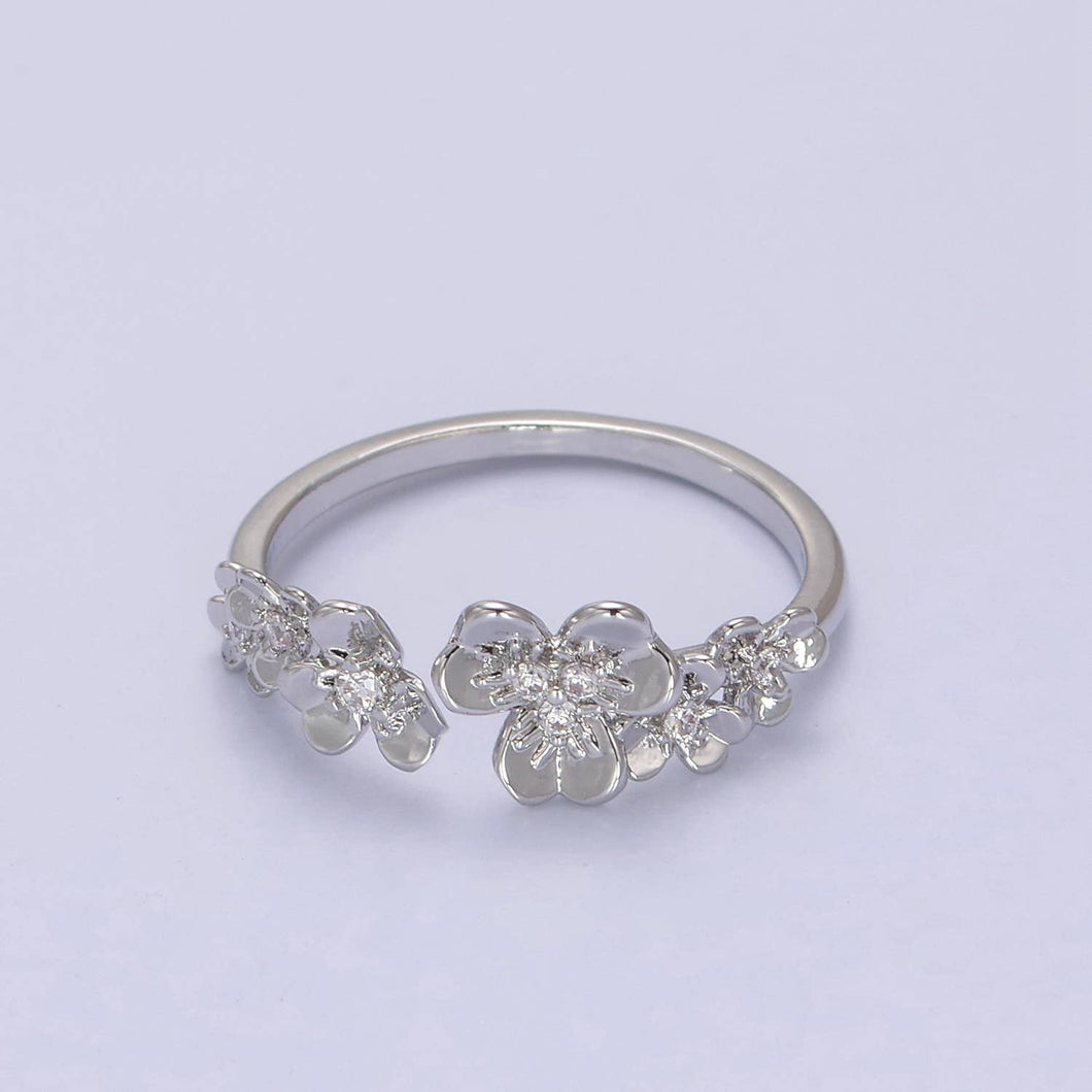 Dainty Micro Pave Gold/Silver Floral Adjustable Open Ring