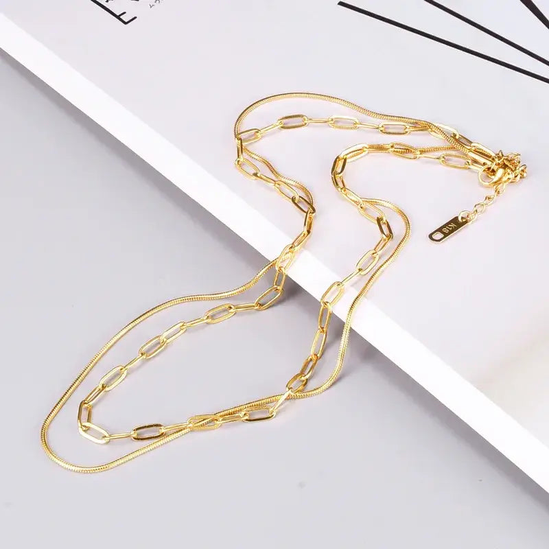 18K Gold Plated Double Layer Necklace, Paperclip Necklace