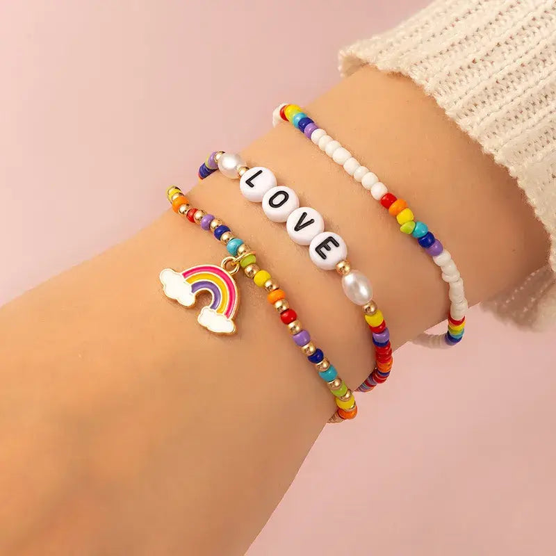 Set of Three Beaded Rainbow Stretch Bracelets